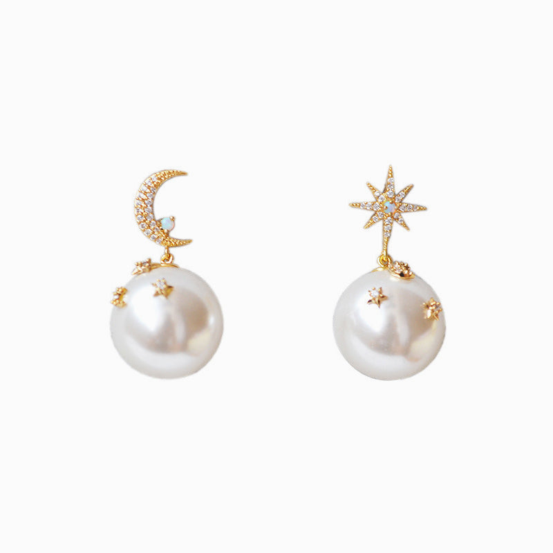 Asymmetrical Star Moon Pearl Earrings