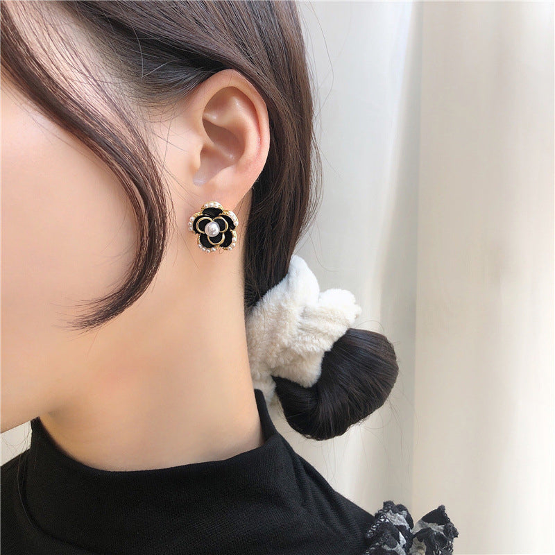 Night Camellia Alloy Stud Earrings