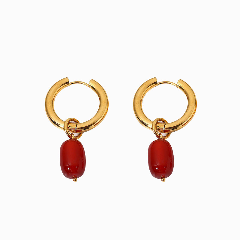 Red Bean Pearl Huggie Earrings