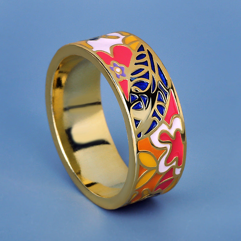 Floral Pastoral Style Japanese Colored Enamel Ring