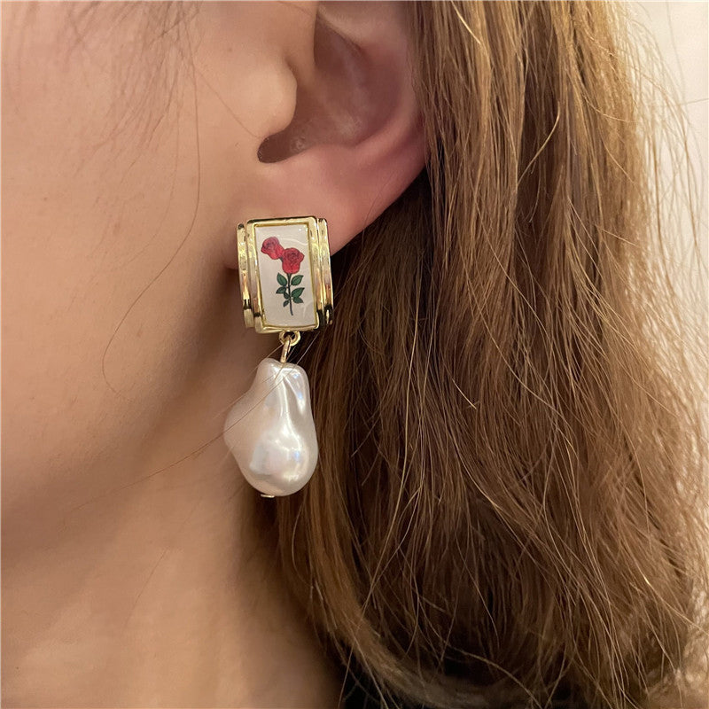 Baroque Pearl Rose Hoop Earrings