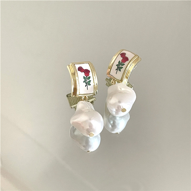 Baroque Pearl Rose Hoop Earrings