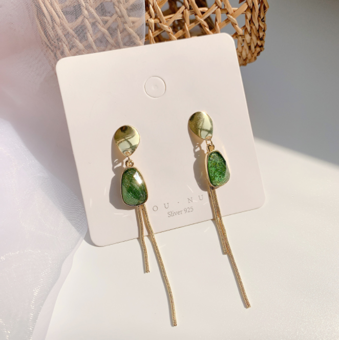 Green Stone Alloy Linear Earrings