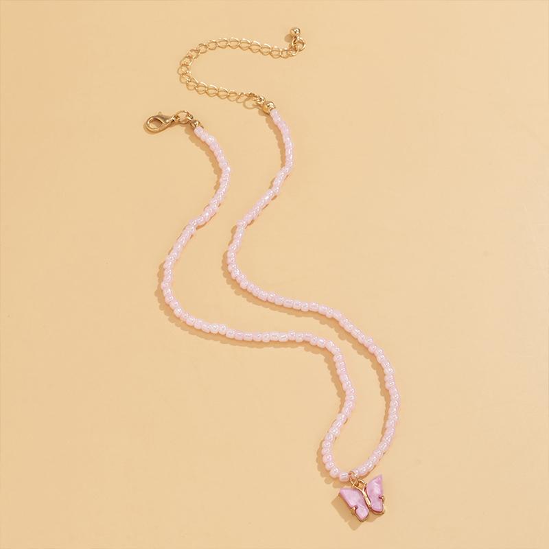 Butterfly Pendant Beads Necklace-Pink