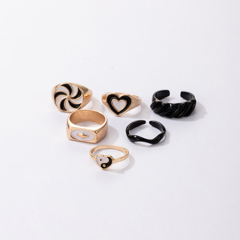Swirl Taiji Signet Ring 6 Pack Set-Black