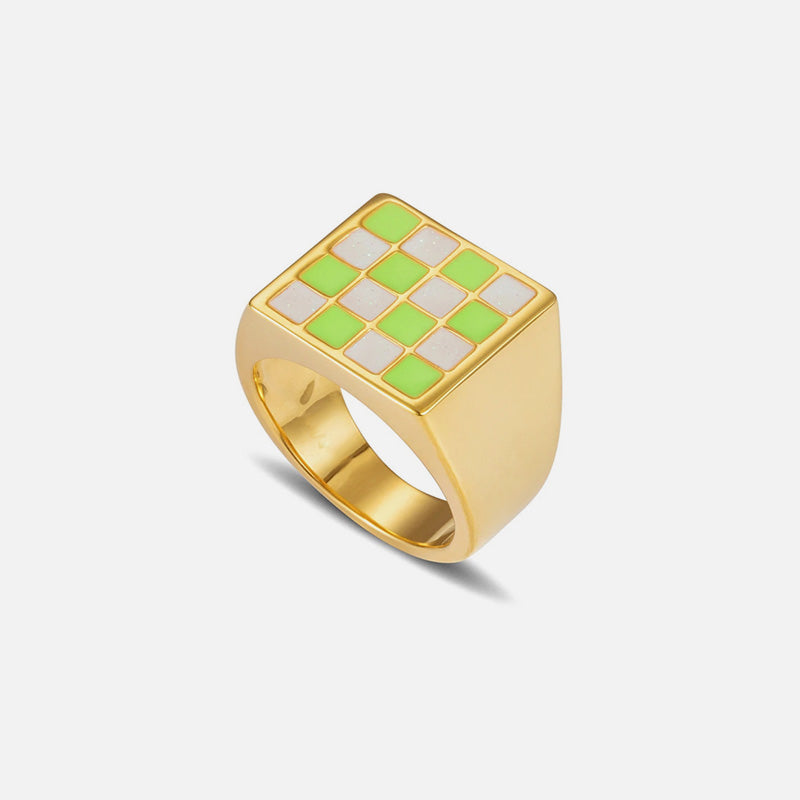 Golden Checkerboard Ring-Green&White