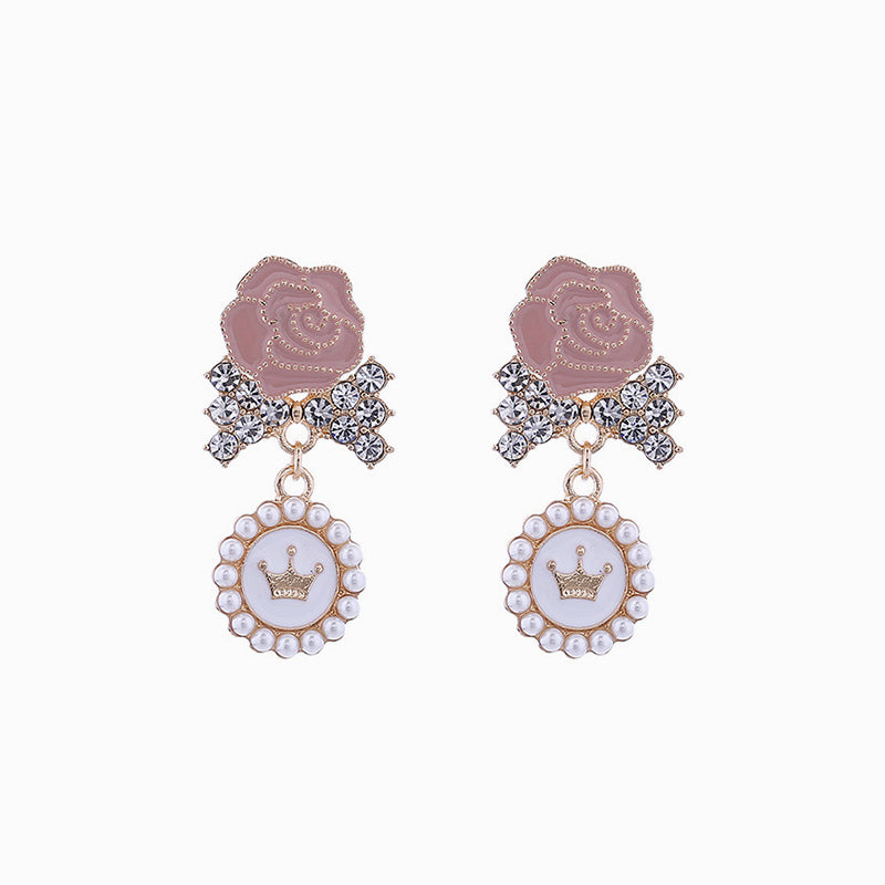 Pink Rose Crown Pearl Earrings