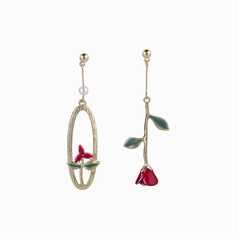 Asymmetrical Red Rose Pearl Earrings